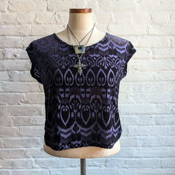 Y2K Blue Velvet Top Psychedelic Burnout Tee Knit Crop Top Dark Romance Medium - Picture 5 of 6